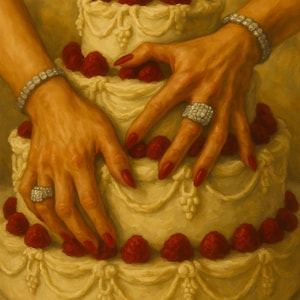 Puede incluir: Un pastel de dos niveles con glaseado blanco, adornado con frambuesas rojas. Manos con esmalte de uñas rojo y joyas de diamantes tocan el pastel. El pastel tiene detalles decorativos de glaseado.