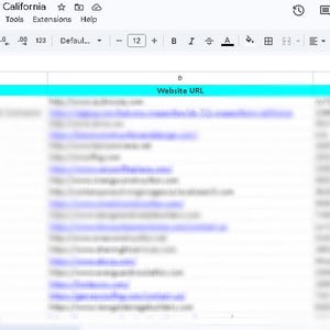Könnte beinhalten: Screenshot einer Tabelle mit dem Titel "Construction Companies Lead List California". Die Tabelle zeigt Spalten für Firmennamen, Website-URL und Straßenadresse. Die Oberfläche enthält Menüoptionen und eine Zoom-Anzeige.