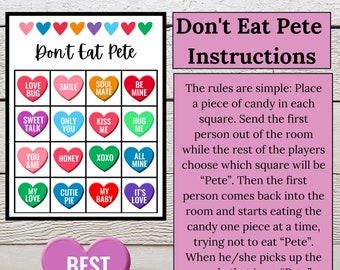 Valentine Game, Don't Eat Pete, Party Activity, Conversation Hearts Valentine Party, Instant Download, Digital