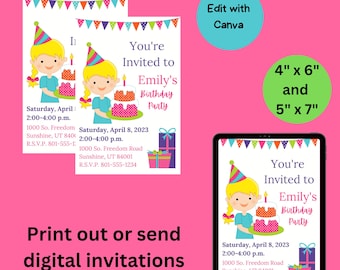Invitación de cumpleaños para chica rubia, plantilla editable (descarga digital)