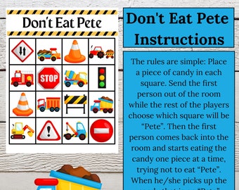 Construction Vehicle Game, Don't Eat Pete, Birthday Party Activity,  Construction Birthday, Printable, Instant Download, Digital