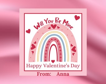 Sale Editable Valentine's Day Card, Will You Be Mine, Valentine Rainbow, Valentine's Day Tag, Printable, Instant Download, Digital