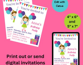 Editable Birthday Girl Invitation, Birthday Party, Brunette Girl, Printable, Instant Download, Digital