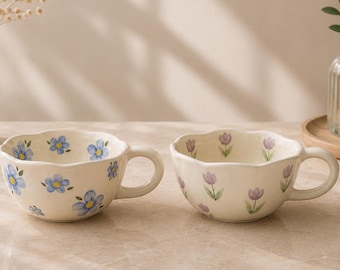 Botanical Ceramic Mug Set, Blue Wildflower and Lavender Tulip Coffee Cups, Cottagecore Tea Mug Duo, Garden Kitchen Gift 6 - 02