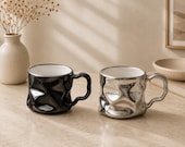 Contemporary Ceramic Mug Set, Black and Silver Sculptural Coffee Cups, Modern Art Tea Mugs, Luxury Drinkware, Housewarming Gift 3 - 28