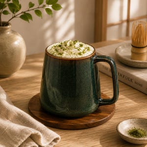 May include: A dark green ceramic mug with a speckled finish and a sturdy handle, filled with a beverage topped with whipped cream and a dusting of green powder. The mug sits on a round wooden coaster, showcasing a deep, rich glaze texture.