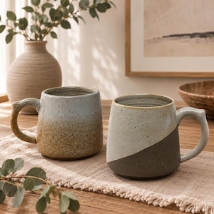 May include: Two ceramic mugs with speckled finishes. The left mug features a light blue top fading into a speckled tan base. The right mug has a diagonal split design with a light speckled top and a solid dark gray bottom, both with curved handles.