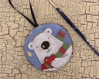 Whimsical Handpainted Christmas Polarbear Woodslice Ornament by SuzanneUrbanArt