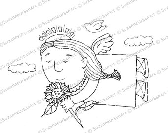 Whimsical Angel with Sunflower Digistamp Art to Color SuzanneUrbanArt