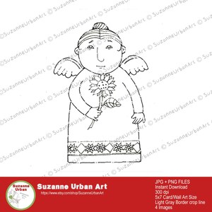 Urkrainian Angel with Sunflower, Art to Color Card for Peace, image 1