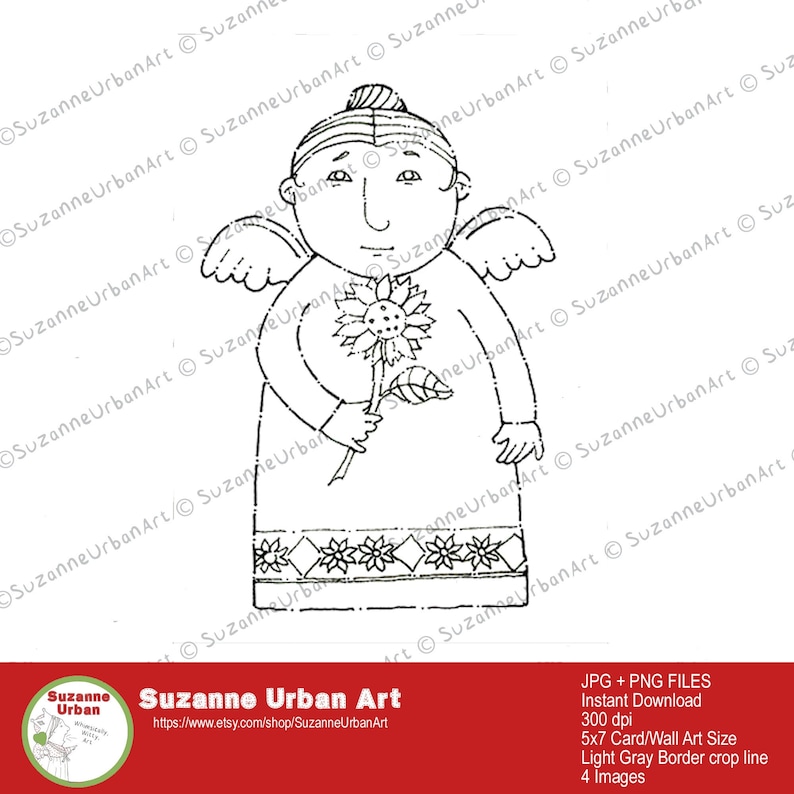 Urkrainian Angel with Sunflower, Art to Color Card for Peace, image 1