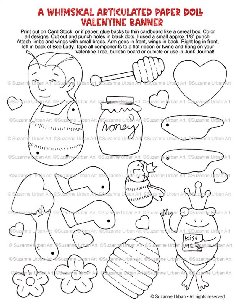 Cute Valentine Printable Ariculated Paper Doll and Banner Components image 3