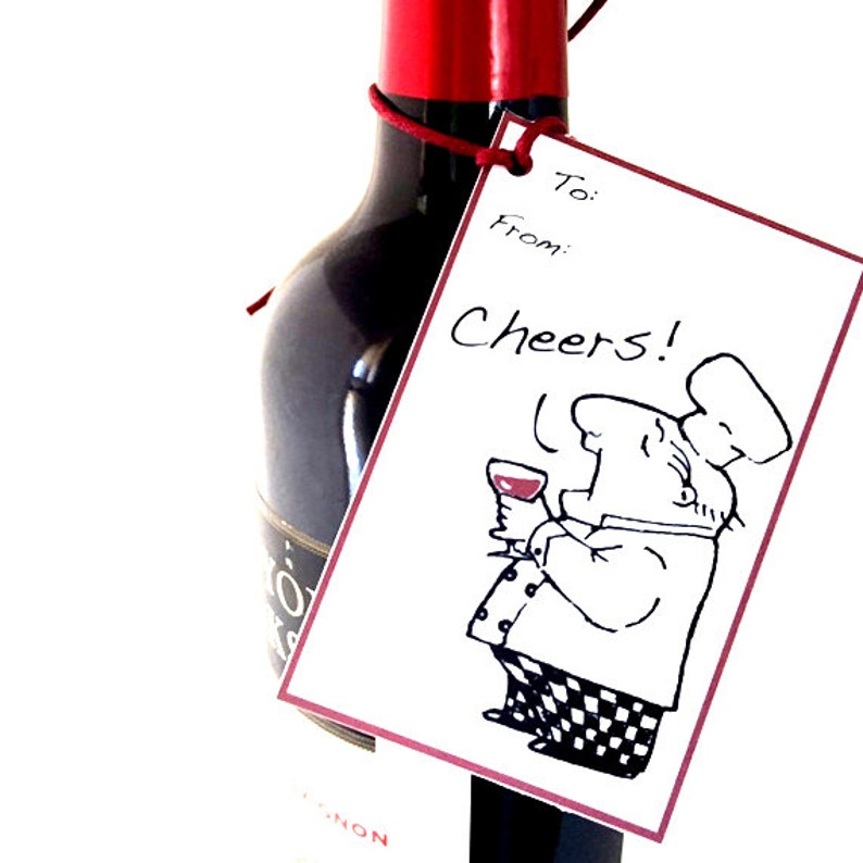 Whimsical Gift Tags Set of Nine, Chef Illustration, Housewarming Wine Tags image 1
