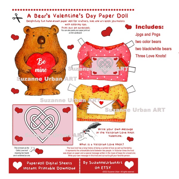 Illustrated Bear Valentine Digital Download Paper Doll, Jpg and Png Format by SuzanneUrbanArt