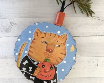 OOAK Handpainted Whimsical Halloween Cat on Kiln Dried Wood Slice by SuzanneUrbanArt