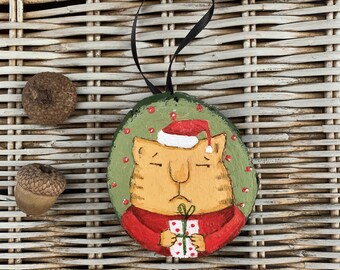 Handpainted Santa Cat on Woodslice Ornament by SuzanneUrbanArt