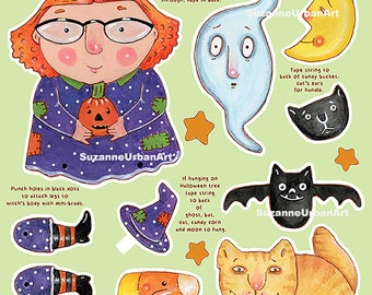 Whimsical Halloween Witch Paper Doll Printable, Digital Download, Jpg and Png File