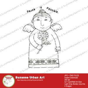 Urkrainian Angel with Sunflower, Art to Color Card for Peace, image 2