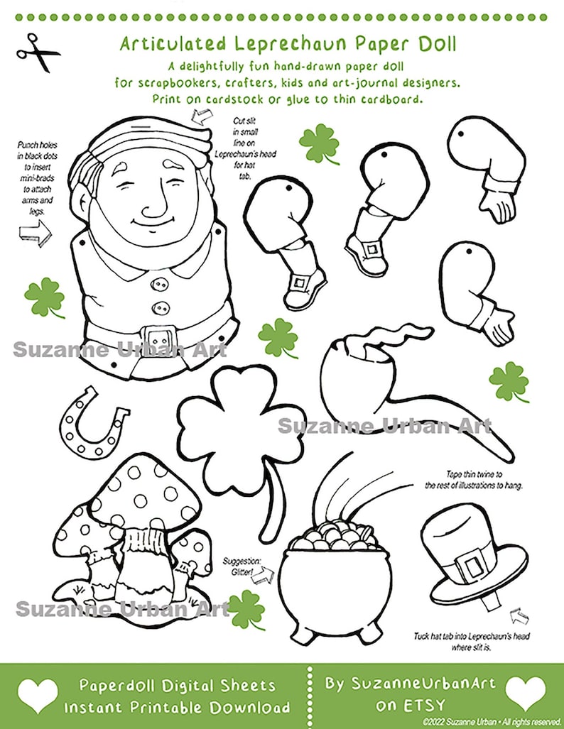 Whimsical Leprechaun Articulated Paper Doll Digital Download JPG and PNG format, by SuzanneUrbanArt image 1