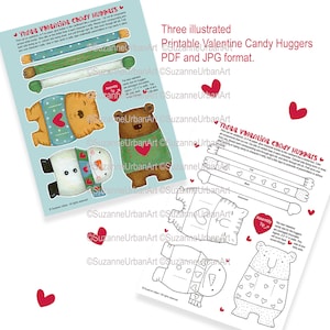 May include: Printable Valentine's Day craft for making candy huggers. The craft includes three characters: a bear, a snowman, and a cat. Each character is made up of several pieces that are cut out and assembled. The instructions include an assembly tip.