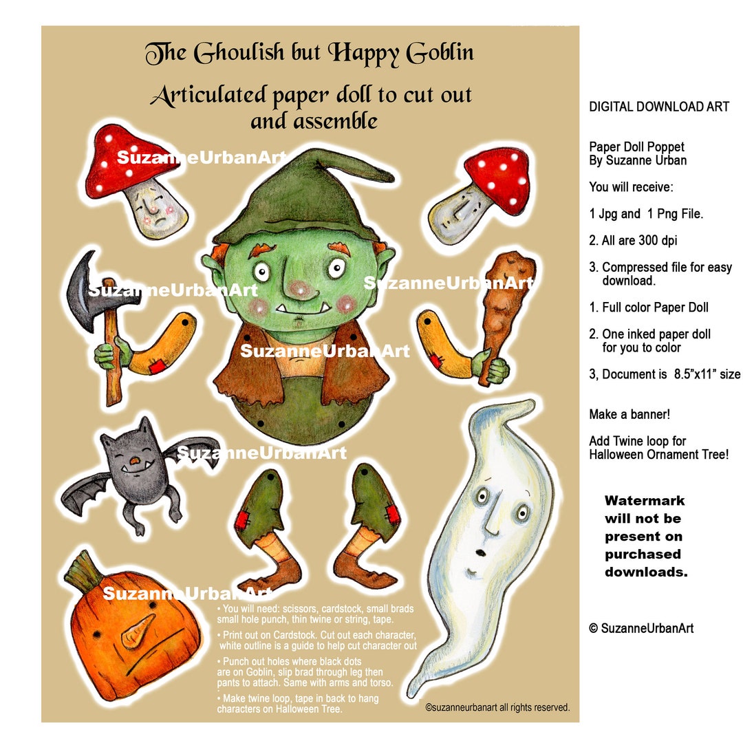 Whimsical Halloween Goblin Articulated Paper Doll Printable, Digital Download, Jpg and Png File ...