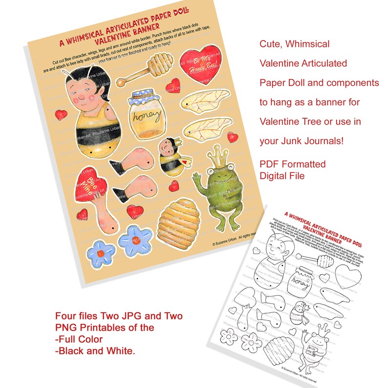 Cute Valentine Printable Ariculated Paper Doll and Banner Components image 2