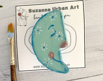 Handpainted Whimsical Clay Moon Pinback Brooch by Suzanne Urban