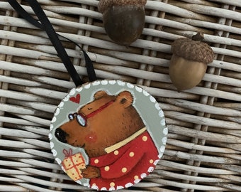 Handpainted  Mini Wood Slice Christmas Ornament Woodland Bear by SuzanneUrbanArt