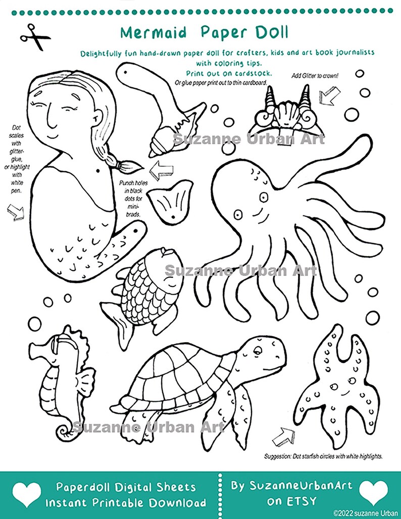 Illustrated Mermaid Paper Doll Printable Fun Printable - Etsy