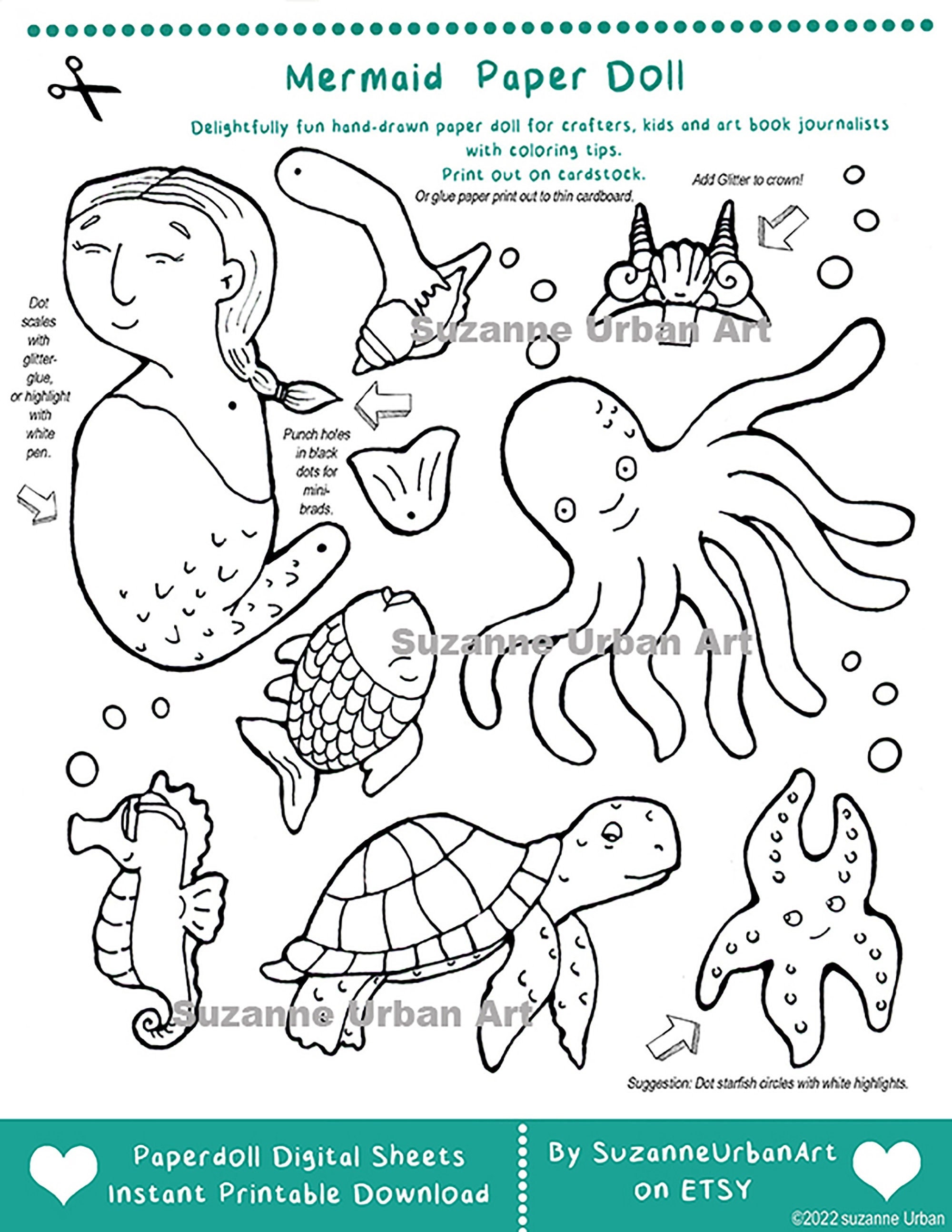Illustrated Mermaid Paper Doll Printable Fun Printable Etsy
