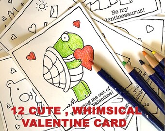 Cute Set of Black and White Valentine Card Illustrated Printables For You To Color!