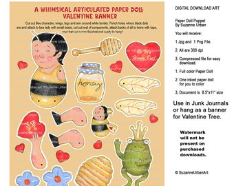 Cute Valentine Printable Ariculated Paper Doll and Banner Components