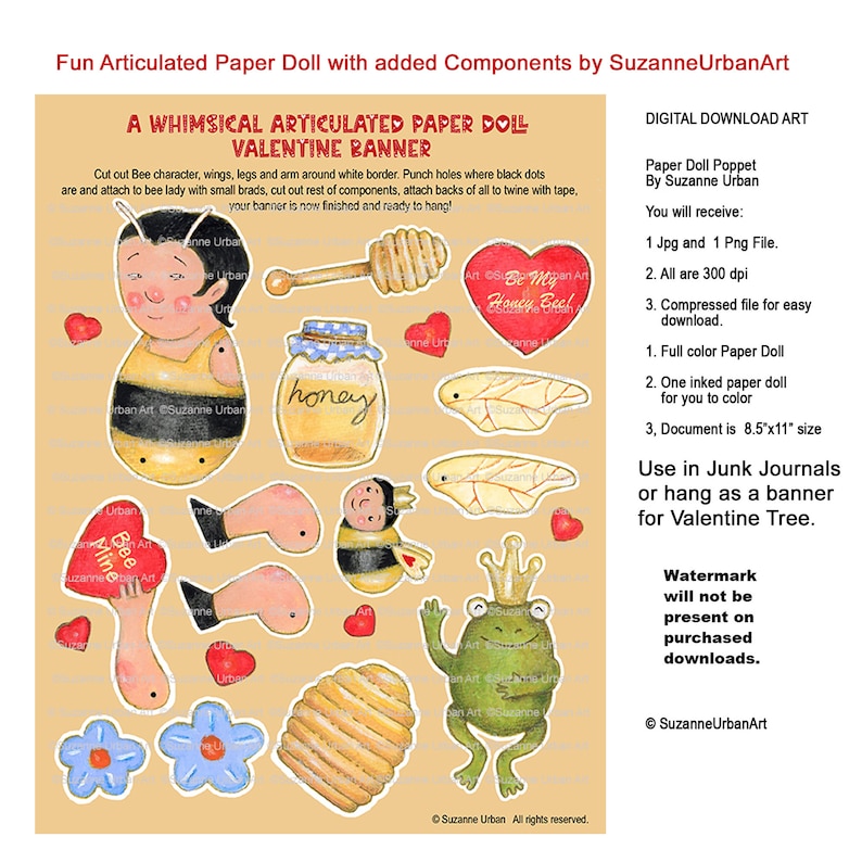 Cute Valentine Printable Ariculated Paper Doll and Banner Components image 1