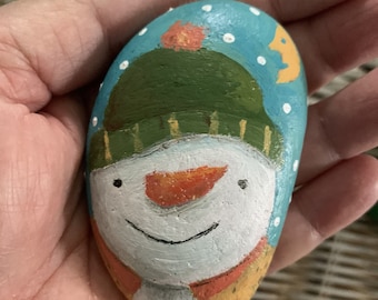 Whimsical Handpainted Snowman on Rock OOAK Painting