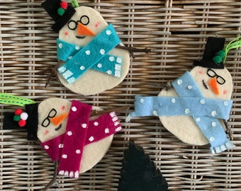 Nerdy Snowmen Felt Christmas Tree Ornaments Set of Three