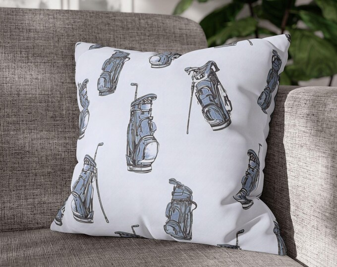 Vintage Golf Bag Pattern Square Poly Canvas Throw Pillow | Sports, Blue Golfers Accent Cushion | 18"x18"
