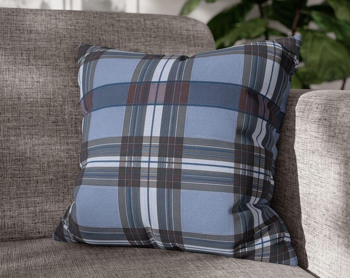 Blue Tartan Plaid Square Throw Pillow | Cozy Poly Canvas Accent Cushion | Preppy Lodge Home Decor (18"x18")