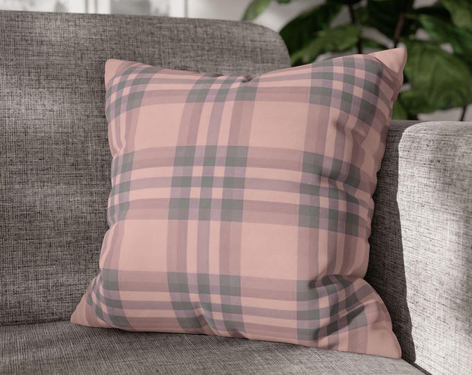 Blush Pink Plaid Throw Pillow | Modern Tartan Square Poly Canvas Cozy Accent Cushion | Preppy Lodge Cabin Cottagecore Home Decor (18"x18")