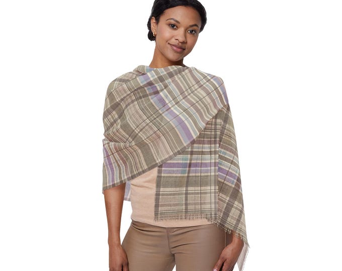 Neutral Tan Tartan Plaid Light Scarf | Lightweight Luxury Wrap, Beige Stripe Checkered Pattern | Resort Travel Accessory (27"x71")