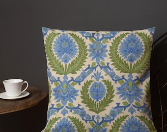 Blue & Green Botanical Throw Pillow 18x18 | Vintage Floral Garden Accent Pillow