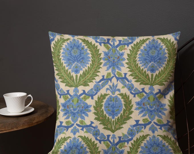 Blue & Green Botanical Throw Pillow 18x18 | Vintage Floral Garden Accent Pillow