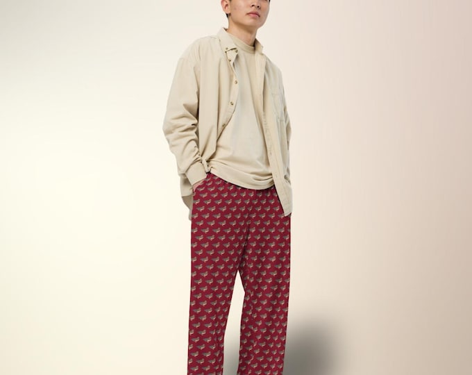 Mallard Reserve Bordeaux Burgundy Duck Print Wide-Leg Lounge Pants | Heritage Prep Pajama-Style Trousers | Unisex Luxe Comfort