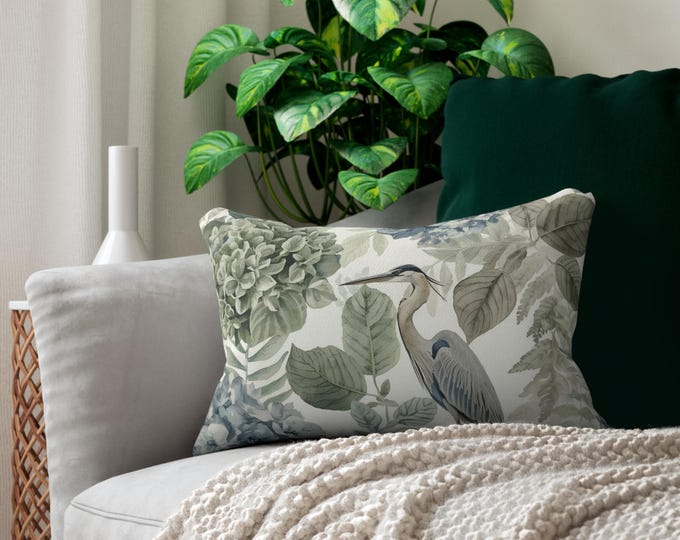 Heron and Hydrangea Lumbar Pillow | Botanical Coastal Throw Pillow