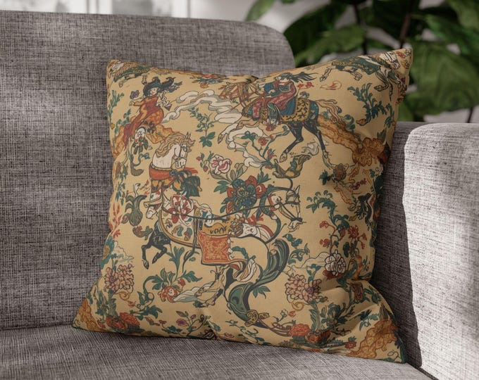Vintage Oriental Horse Tapestry Pillow | Decorative Square Throw Pillow 18"x18"