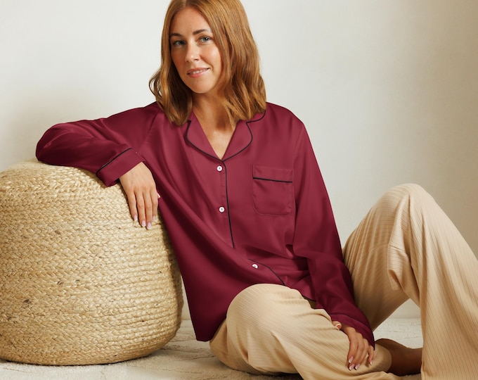 Bordeaux Burgundy Luxury Solid Long Sleeve Pajama Top – Silky Relaxed Fit Sleep Shirt | Coastal Preppy Loungewear | Matching Nightwear