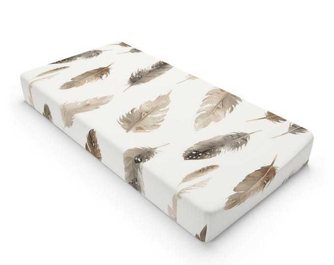 Neutral Watercolor Feathers Baby Changing Pad Cover | Beige Nursery Decor