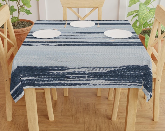 Navy Brushstroke Stripes Tablecloth | Coastal Blue Striped Table Linen