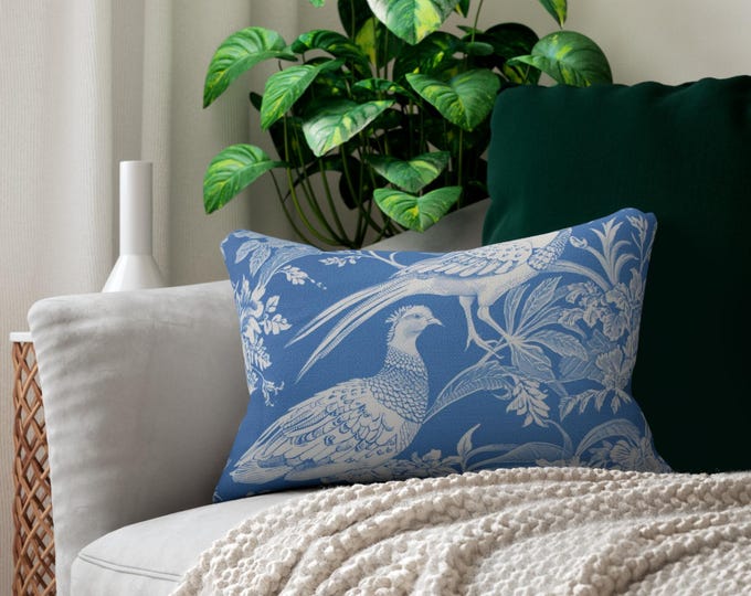 Vintage Pheasant Toile lumbar pillow | blue bird botanical