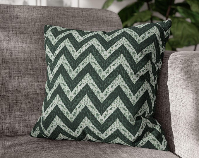 Green Chevron Pattern Square Pillow | Geometric Throw Pillow | 18"x18"