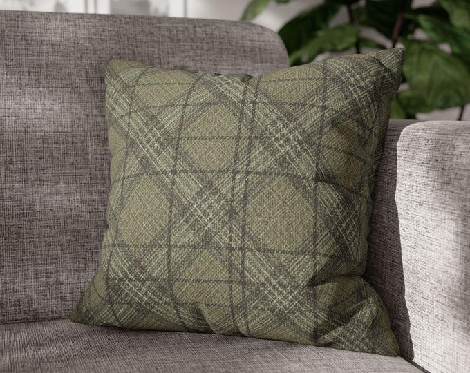 Olive Preppy Plaid Throw Pillow | Square Poly Canvas Accent Cushion (18"x18")